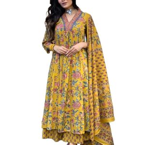 Collections gosriki women's rayon viscose anarkali printed kurta with palazzo & dupatta