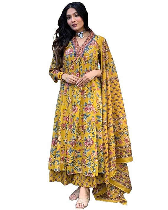 gosriki women's rayon viscose anarkali printed kurta with palazzo & dupatta gosriki women's rayon viscose anarkali printed kurta with palazzo & dupatta