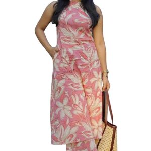 women's rayon blend floral straight kurta with pant